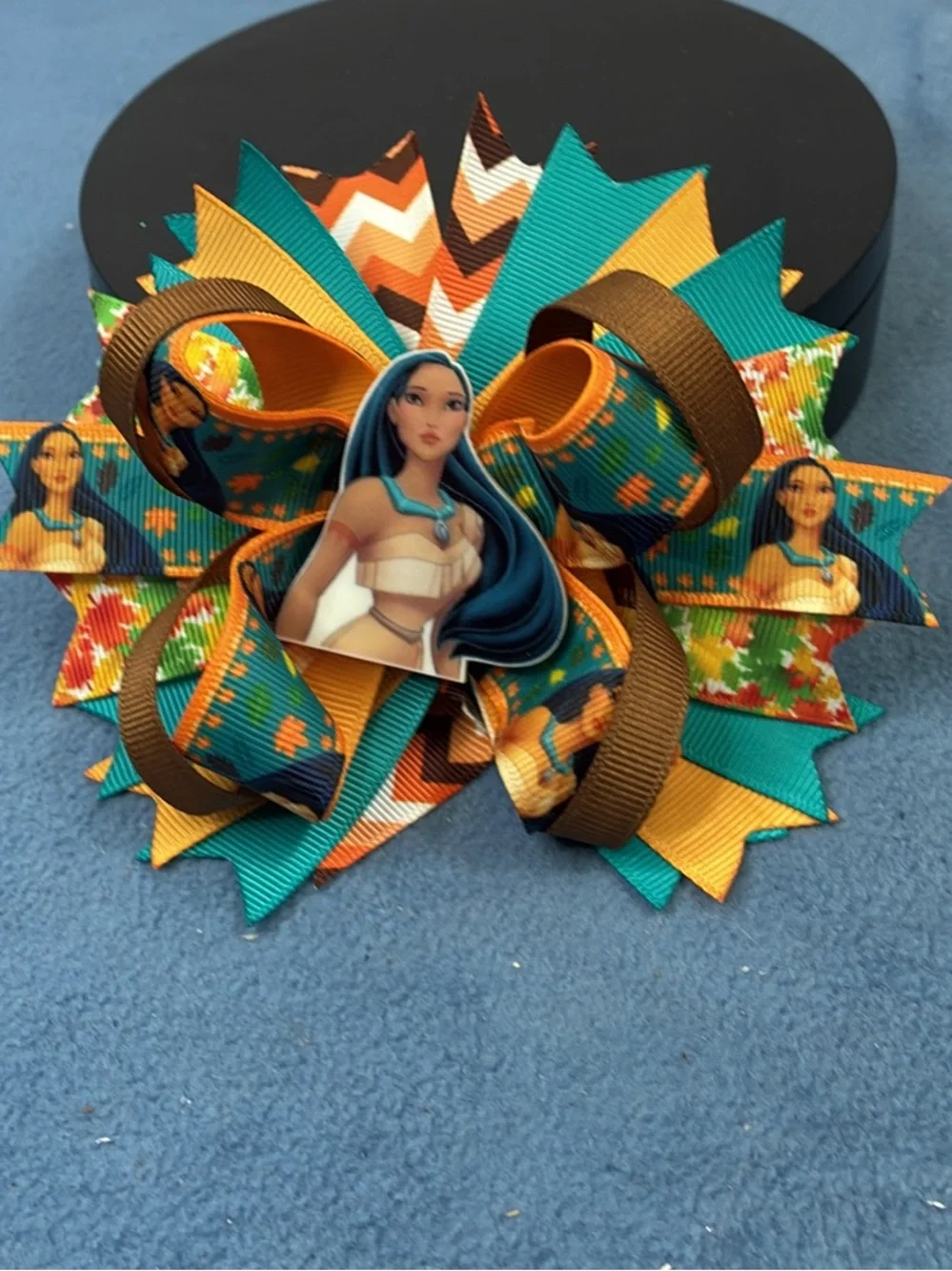 Pocahontas-Inspired Teal & Orange Layered Hair Bow for Kids